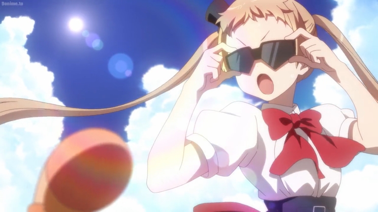 Kumin Tsuyuri adjusts large goggles against a bright sunny sky in Love, Chunibyo, and Other Delusions