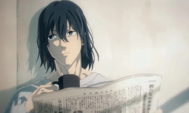 A pensive Aki Hayakawa reads a newspaper while holding a mug in an episode of the Chainsaw Man anime.