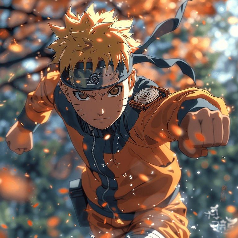 Naruto dashing forward with orange leaves