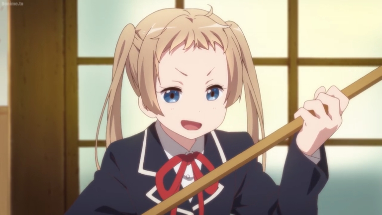 Kumin Tsuyuri has an expressive determined look while holding a stick in Love, Chunibyo, and Other Delusions