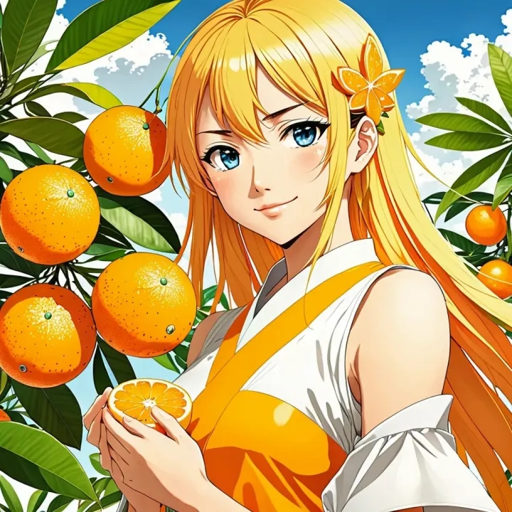 Yuzu Aihara smiles while holding a sliced orange, surrounded by orange trees and fruits in the anime Citrus.