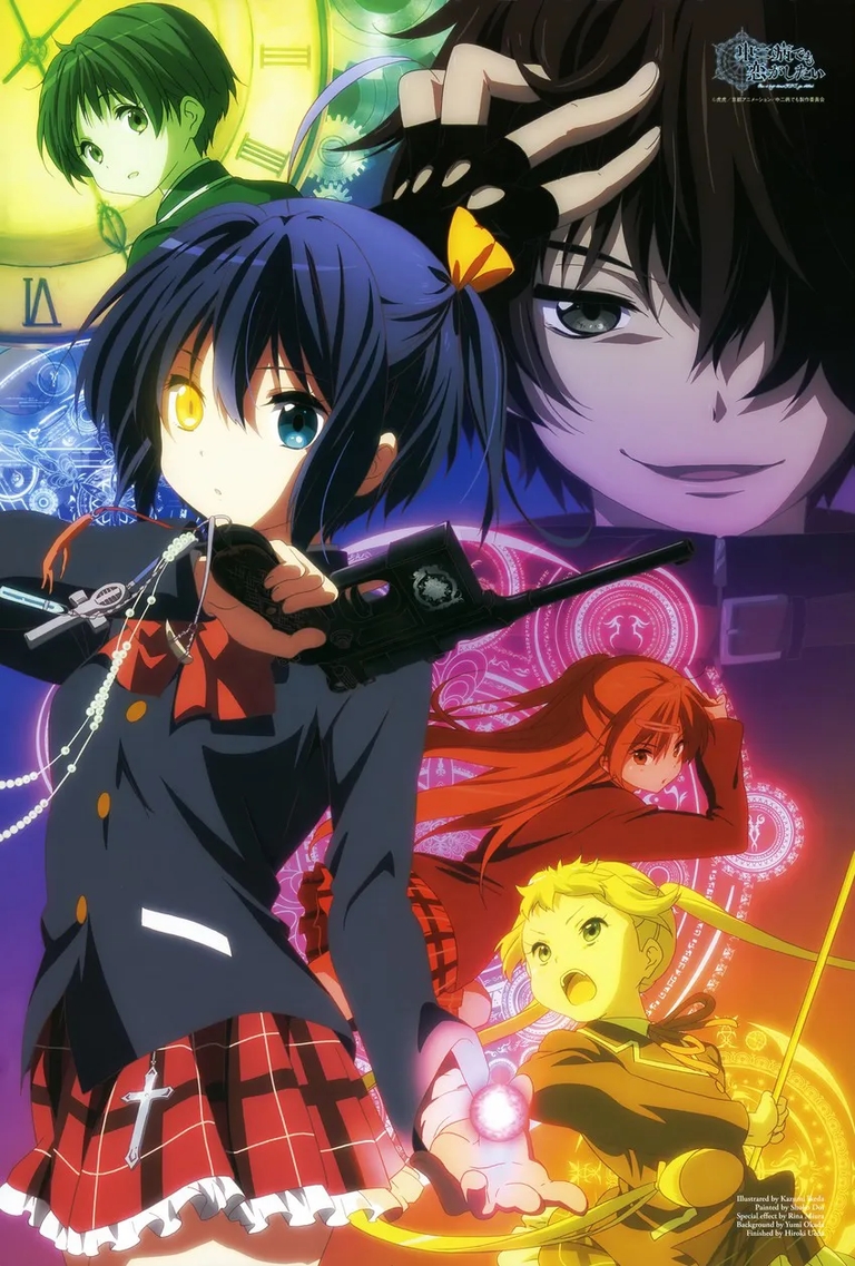The main cast of Love, Chunibyo & Other Delusions featuring Rikka with her eyepatch and Yuuta behind her