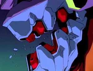 A close-up of Evangelion Unit-01's head in a berserk state, showing damaged armor and exposed internal components in Neon Genesis Evangelion.