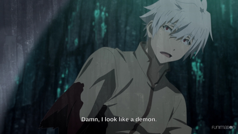 Hajime observes his changing appearance in the labyrinth