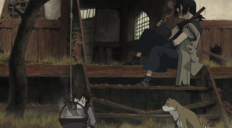 Kotaro is in a bucket swing while No-Name sits on stairs