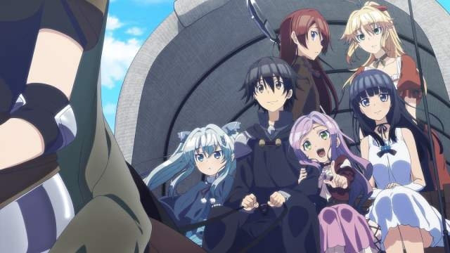 A group of characters, including Suzuki, Pochi, Tama, Mia, and others, gather together in an anime scene from Death March to the Parallel World Rhapsody.