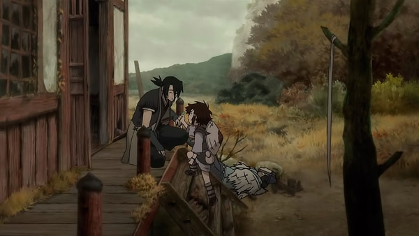 Nanashi and Kotaro converse outside a rustic building