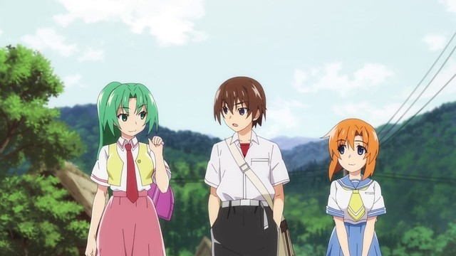 Mion Sonozaki, Keiichi Maebara, and Rena Ryuugu walking through the rural mountain village of Hinamizawa