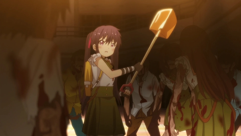 Kurumi Ebisuzawa fights zombies with her shovel in a tense scene
