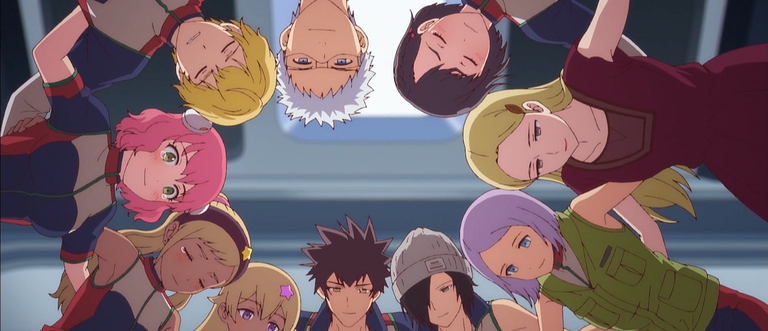 Group of characters huddled together looking down