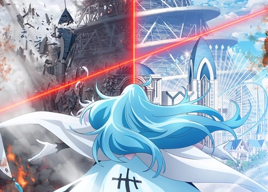 Vivy observing destruction and futuristic cityscape