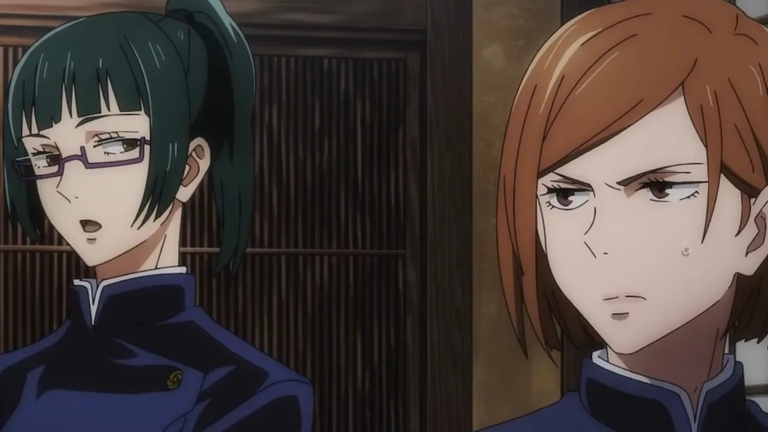 Maki Zenin and Nobara Kugisaki interacting, both determined Jujutsu Sorcerers in Jujutsu Kaisen.