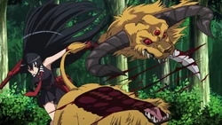 Akame decapitating a Danger Beast with Murasame