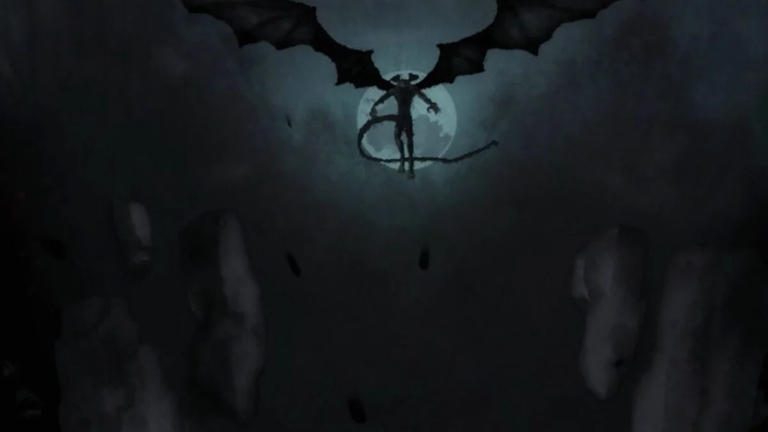Silhouette of Devilman against full moon