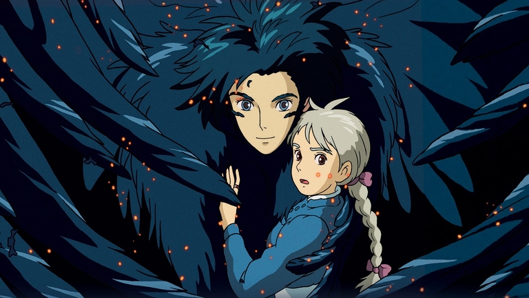 Howl, in his bird-like form, embraces Sophie in a dark, ethereal scene from the anime movie Howl's Moving Castle.