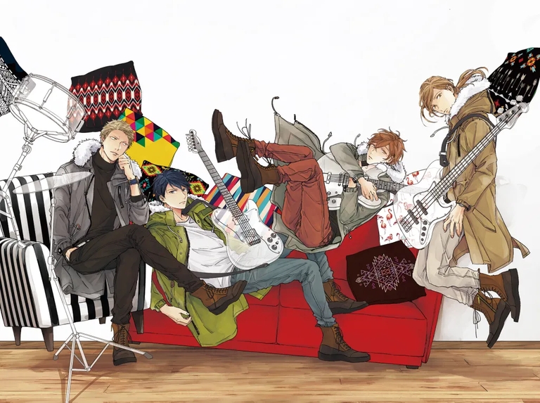 The main band members of Given, including Ritsuka Uenoyama, Mafuyu Sato, Haruki Nakayama, and Akihiko Kaji, posing with their instruments in promotional art for the anime.