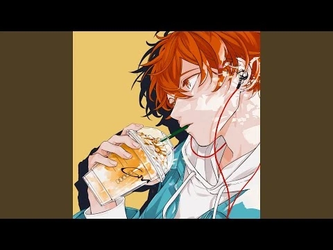 Mafuyu drinking from cup with headphones