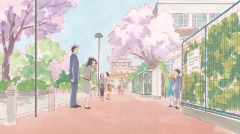 Daikichi Kawachi and Rin Kaga on a tree-lined path with cherry blossoms in a tranquil scene from the Usagi Drop anime.