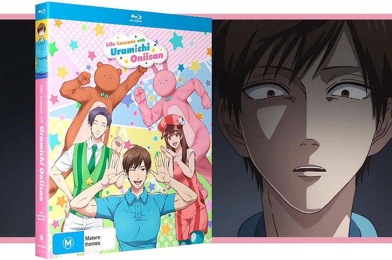 The Blu-ray case showing the contrast between cheerful poses and Uramichi's exhausted expression