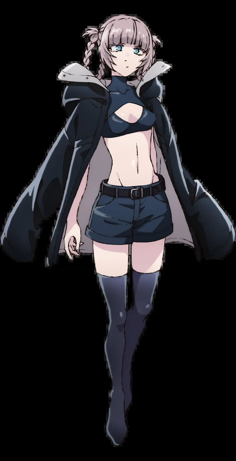 Nazuna Nanakusa from Call of the Night is depicted in her signature black coat, revealing bikini top, hot pants, and thigh-high socks, showcasing her blond twin braids and concentric circle eyes.