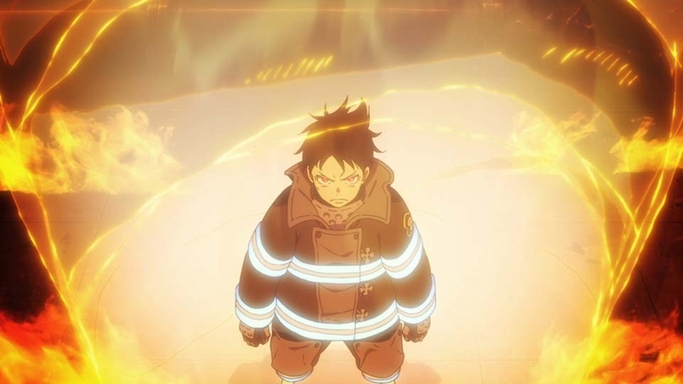 Shinra Kusakabe from Fire Force, in his Special Fire Force Company gear, manifesting his powerful Third Generation pyrokinetic abilities by creating flames.