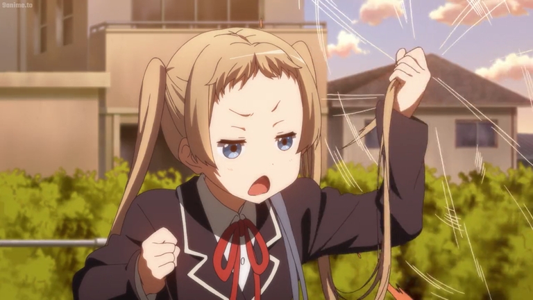 A determined Kumin Tsuyuri appears to be pulling on her hair in frustration in Love, Chunibyo, and Other Delusions