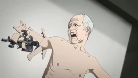 Ichiro Inuyashiki experiencing a shocking transformation as mechanical parts emerge from his body in the anime series Inuyashiki: Last Hero.