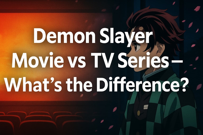 Tanjiro Kamado, the protagonist from Demon Slayer: Kimetsu no Yaiba, stands on the right of a dark-themed title card that asks, 'Demon Slayer Movie vs TV Series — What's the Difference?' with a subtle movie theater background on the left.