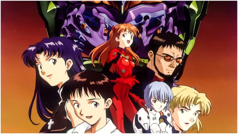 Main cast of Neon Genesis Evangelion with Unit-01 looming behind them