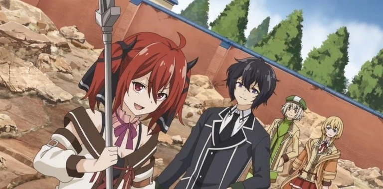 Mathias and Iris with companions in a fantasy scene