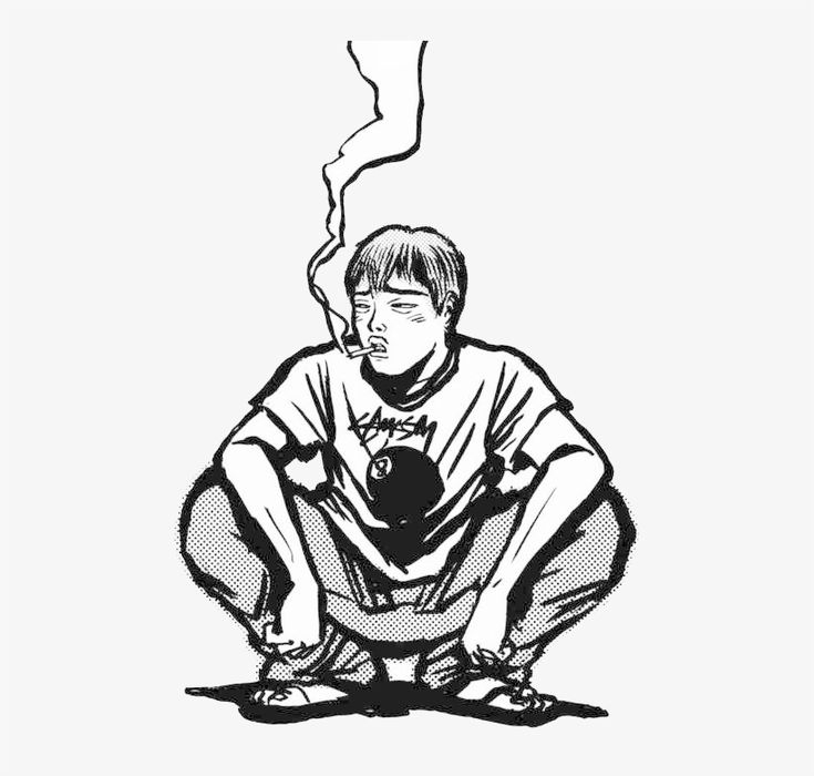Eikichi Onizuka, the protagonist of Great Teacher Onizuka, is depicted squatting and smoking in a black and white illustration.