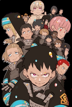 Main cast of Fire Force in a group portrait