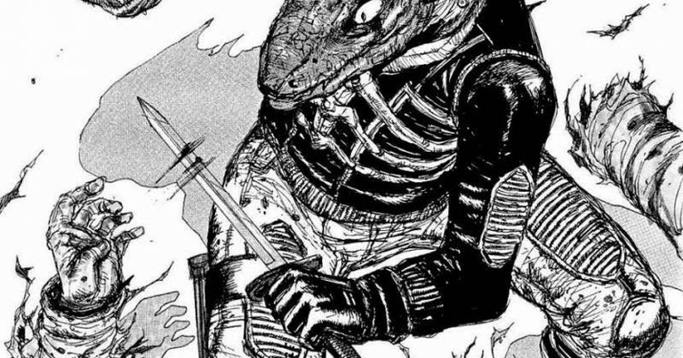 Kaiman wielding a knife in a detailed manga panel from Dorohedoro