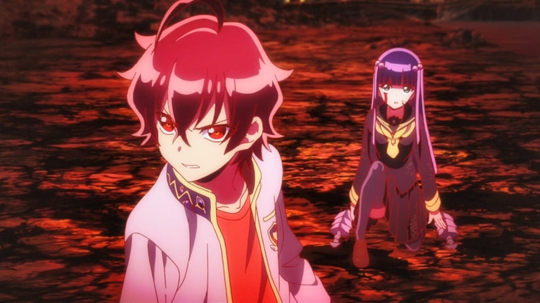 Rokuro stands determined while Benio kneels in a fiery landscape