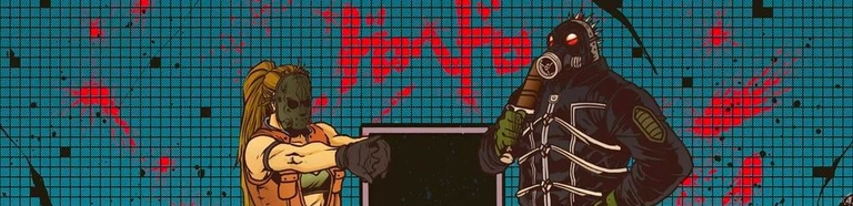 Two masked characters from Dorohedoro standing ready for combat