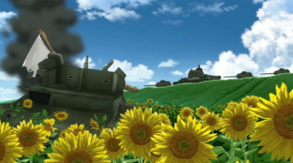A damaged tank in a sunflower field