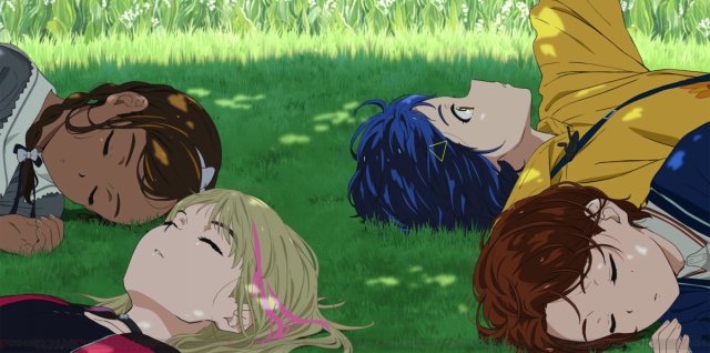 The four main characters rest together in a grassy field