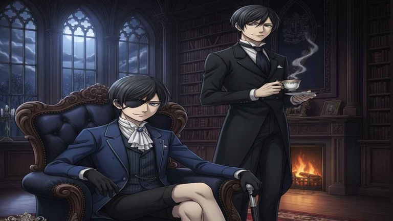 Ciel sitting with Sebastian in the manor