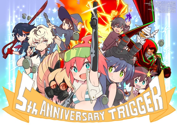 A commemorative 5th-anniversary visual for Studio Trigger featuring characters from Kill la Kill, Little Witch Academia, and Luluco.