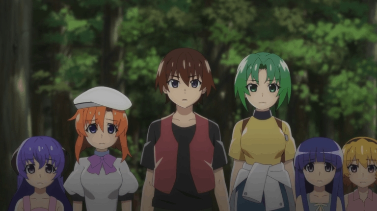 A group of characters from Higurashi: When They Cry – Gou stand together in a forest setting