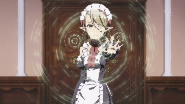 Myucel using magic while wearing her maid uniform