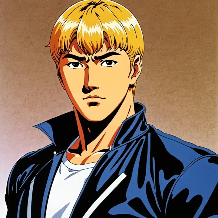 Eikichi Onizuka, the titular Great Teacher Onizuka, portrayed with his classic blonde hair and determined expression, wearing a black jacket over a white shirt.