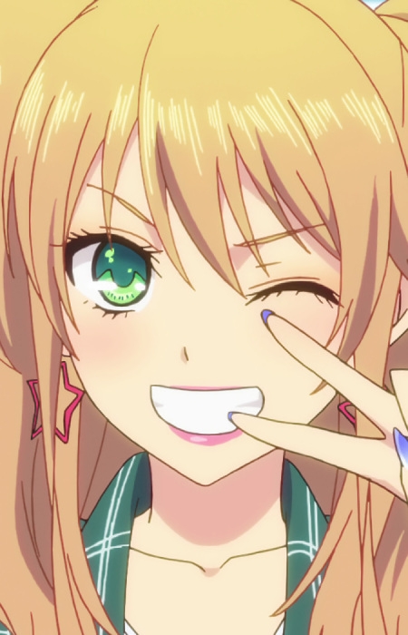 Yuzu Aihara, the protagonist of the anime series Citrus, winks and makes a peace sign while smiling.