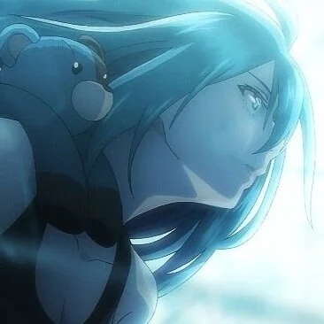 Vivy with a blue teddy bear representing Matsumoto