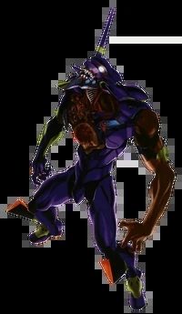 Evangelion Unit-01 in its berserk mode from Neon Genesis Evangelion, displaying a savage and monstrous appearance.