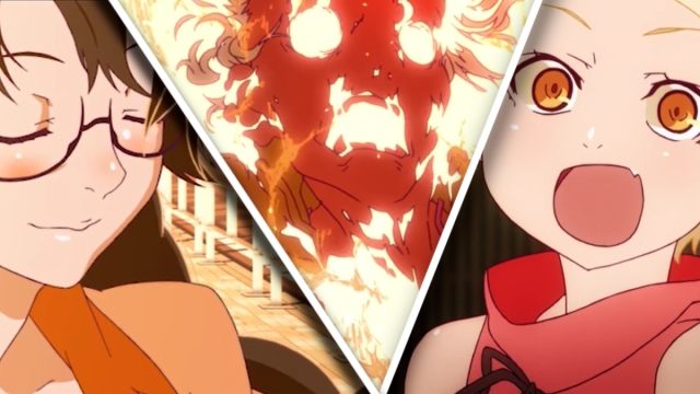 Composite image featuring Tsubasa Hanekawa, fiery Kiss-Shot, and Shinobu