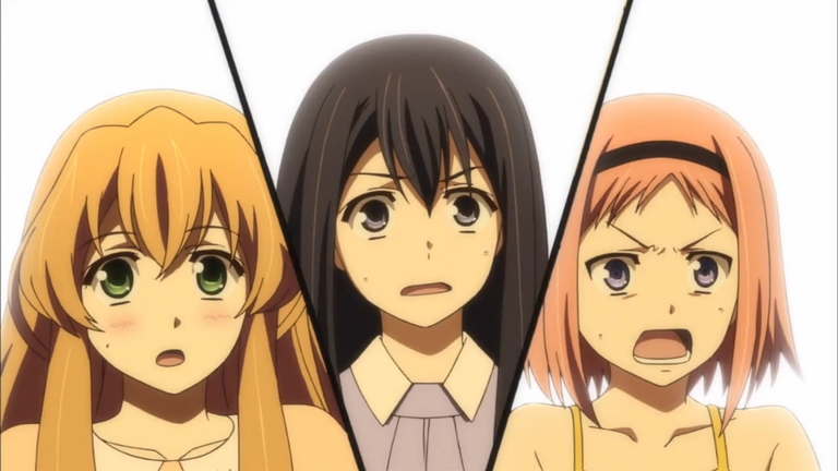 Three female characters reacting with surprise