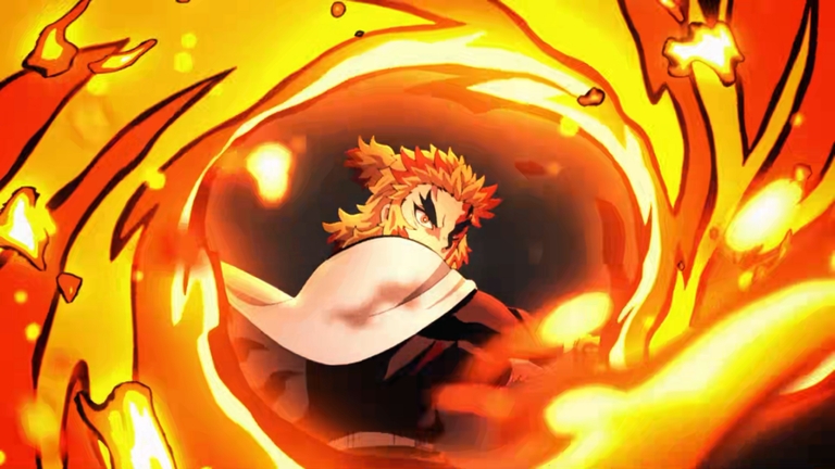 Kyojuro Rengoku, the Flame Hashira, unleashes a powerful flame breathing technique in a dramatic scene from Demon Slayer: Kimetsu no Yaiba – Mugen Train.