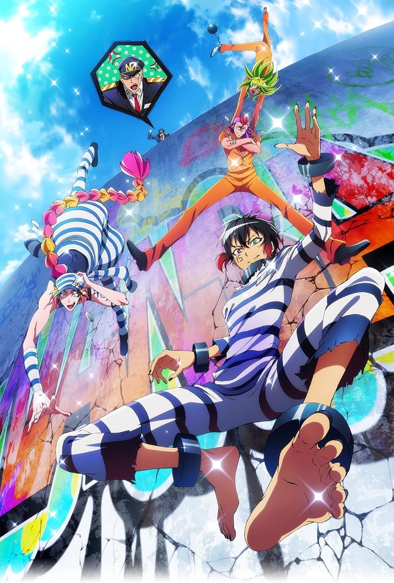 The main cast of the Nanbaka anime series in their prison uniforms, striking dynamic poses against a graffiti-covered wall.