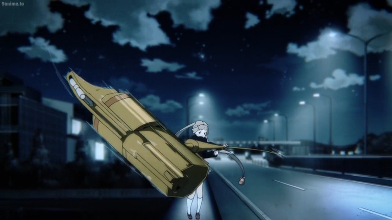 An animated character with a device flies through a nighttime cityscape in Love, Chunibyo, and Other Delusions